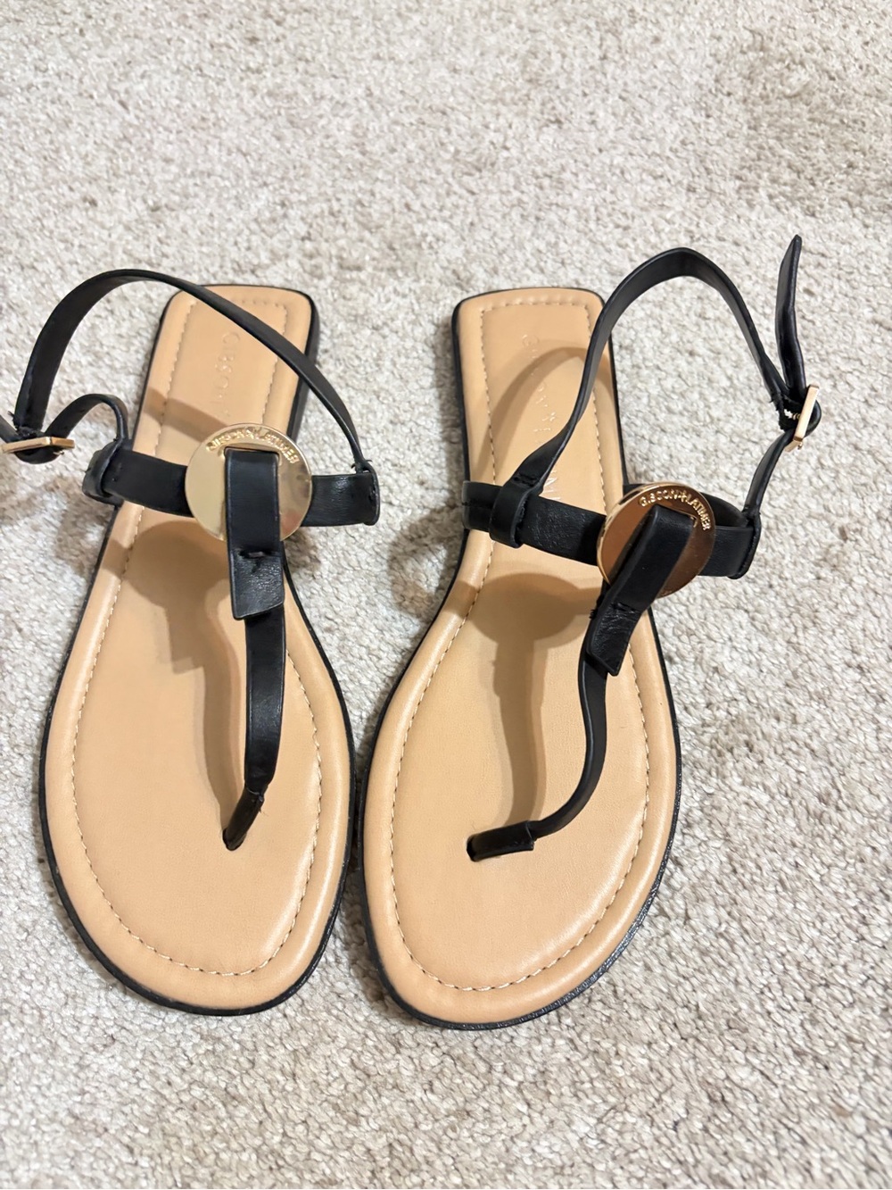Gibson Latimer Black Leather T-Strap Sandals with Gold Disc